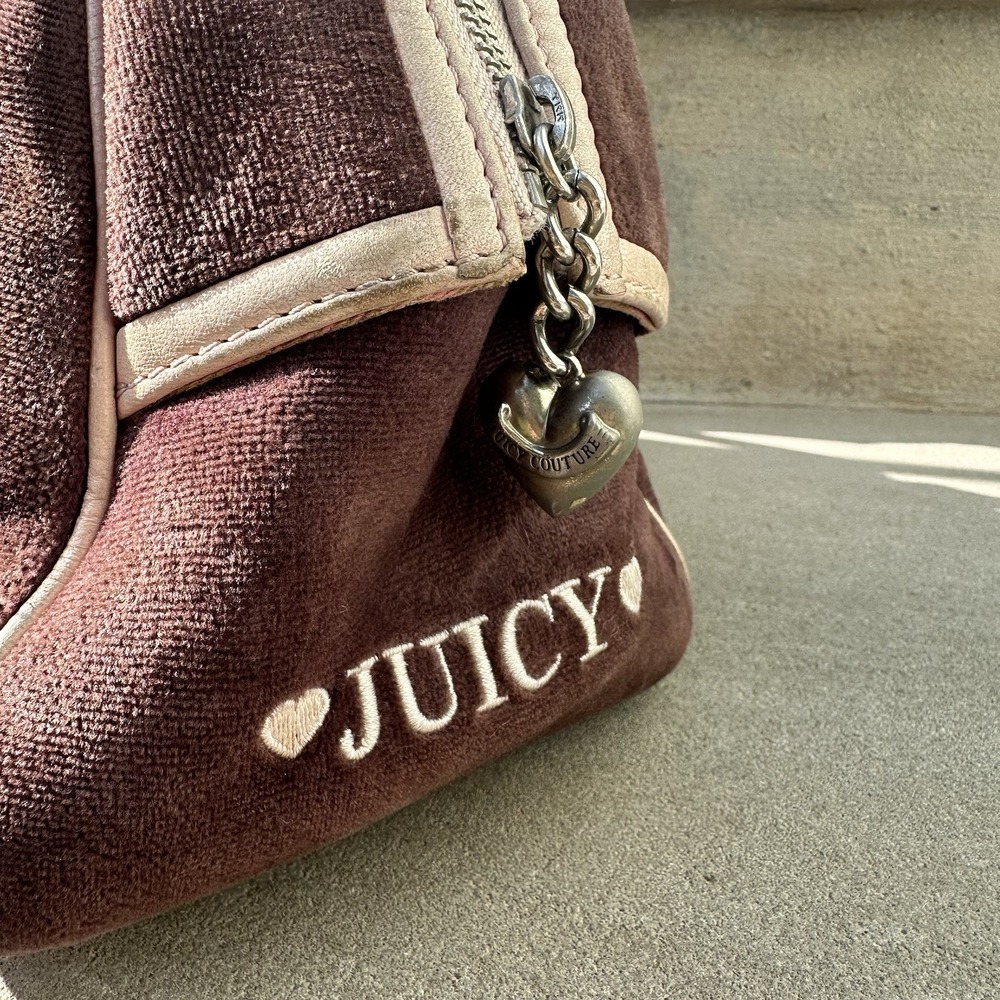 JUICY COUTURE Brown‎ Brown Pink Velvet  Bowling Bag La Couture Y2K Vintage Queen - Picture 2 of 16